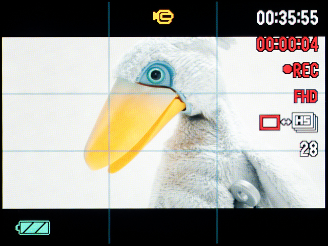 <b>動画撮影中の画面。フルHD（1,920×1,080ピクセル、30fps）解像度。撮影中に左右キーを押すと「ハイスピード動画」に切り替えられる</b>