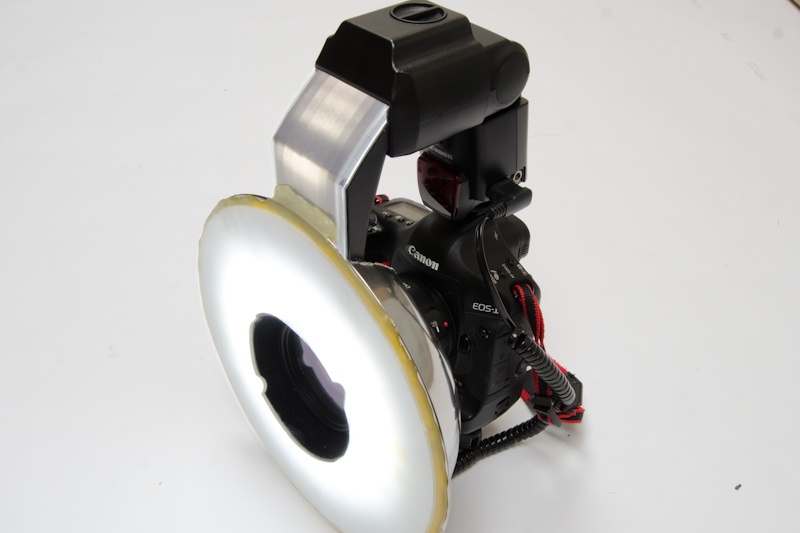 <b>以前のシリーズ撮影までに活躍したセットはEOS-1Dsに装着した24㎜レンズ。そしてアメリカ製メーカーのリングストロボシステムを改造した手製のリングライト。フード部分がブリキを削って突き出てる部分をなくしている。中にはキヤノンの580EXが入っている。</b>