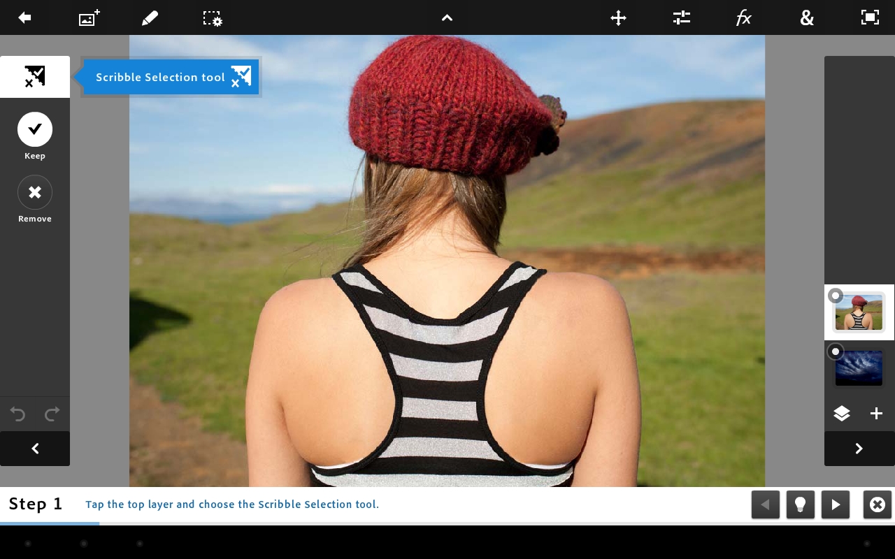 <b>実際の画像の編集画面。チュートリアルでは、次に操作する項目に吹き出しアイコン、画面下部に操作説明が表示される。左側にはツールパレット、右側にはレイヤーパレットが表示されており、下部にある矢印アイコンタッチで隠すこともできる</b>