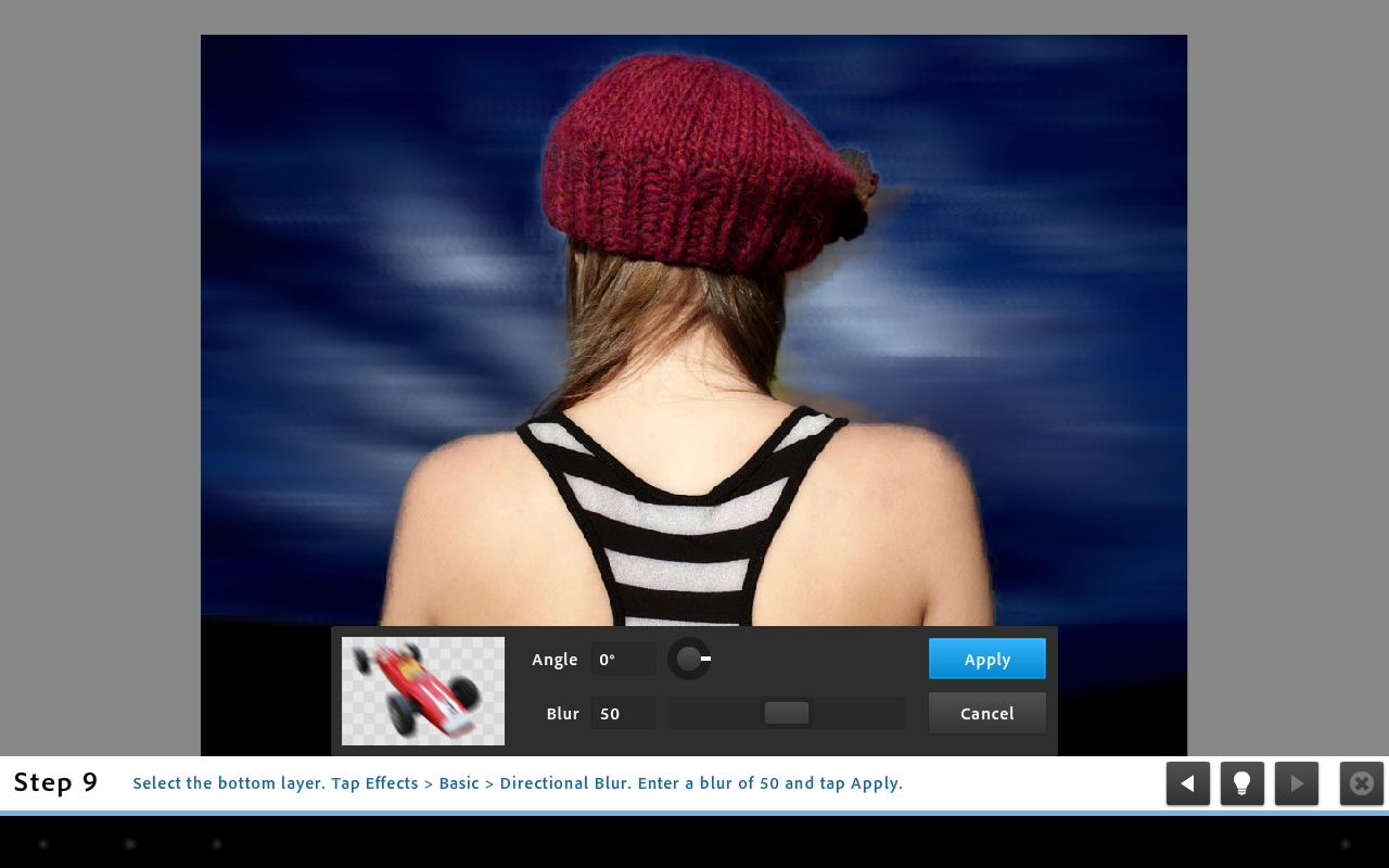 <b>Directional Blurを指定する。画面では少し切り抜きが雑だが、レイヤーを使って簡単に独特の画像を作成できる</b>