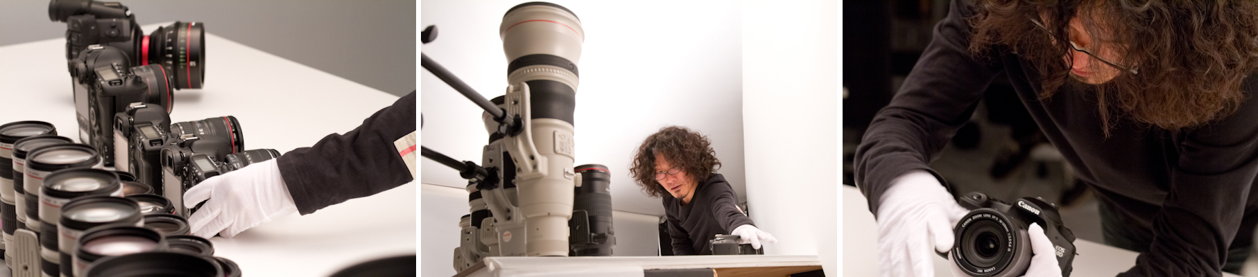 <b>キヤノンのEOSシリーズ、EFレンズなどの全製品ラインナップの他に、製品発表はあったものの、未だ発売前の新機種EOSのデジタルシネマカメラＣ300や交換レンズなどを含むので超極秘撮影現場だったので、さすがのボクも少しだけ緊張。ズラリと並んだ機材群をみると、今、誰かがコードに足を引っかけたりして倒れたら大変だあー、なんてあってはならない想像をしてしまう小心者の自分がいる。しかし、当たり前だがモッチーはそんなことは関係なく、手際よく並べていき、若干の位置や回転方向をスタッフのみんなと一緒に修正していく。セットの裏手へ回り込んだボクが一番気を付けなければならないのは新製品をはじめ本日の撮影モデルである、カメラ&amp;レンズを倒したりしないように努めることだった。</b>