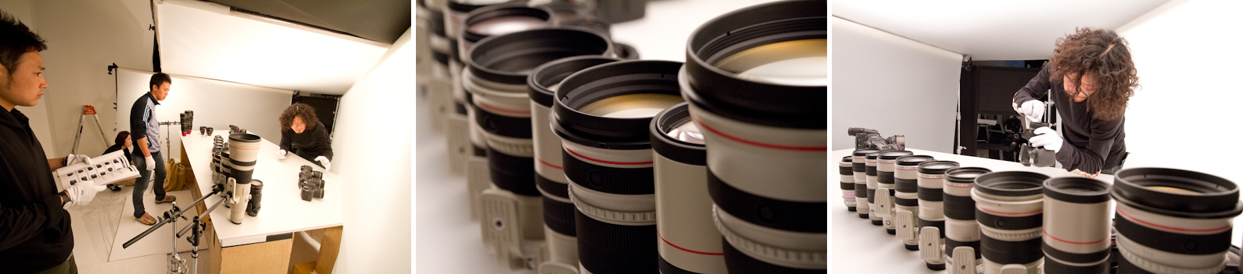 <b>キヤノンのEOSシリーズ、EFレンズなどの全製品ラインナップの他に、製品発表はあったものの、未だ発売前の新機種EOSのデジタルシネマカメラＣ300や交換レンズなどを含むので超極秘撮影現場だったので、さすがのボクも少しだけ緊張。ズラリと並んだ機材群をみると、今、誰かがコードに足を引っかけたりして倒れたら大変だあー、なんてあってはならない想像をしてしまう小心者の自分がいる。しかし、当たり前だがモッチーはそんなことは関係なく、手際よく並べていき、若干の位置や回転方向をスタッフのみんなと一緒に修正していく。セットの裏手へ回り込んだボクが一番気を付けなければならないのは新製品をはじめ本日の撮影モデルである、カメラ&amp;レンズを倒したりしないように努めることだった。</b>