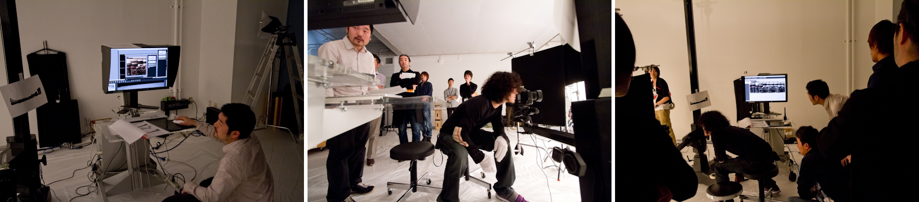 <b>画像チェック&amp;撮影用のデジタルシステムはMac Proのユニット。EIZOのモニターに繋がれている。カメラは三脚ではなく、スタジオ専用の大型FOBAに取り付けられていた。商品がカメラボディとレンズで何十という数の塊なので、商品同士の間隔も含めて、わずか1mmでも動いたら全部がやり直しになってしまうくらいシビアだ。</b>