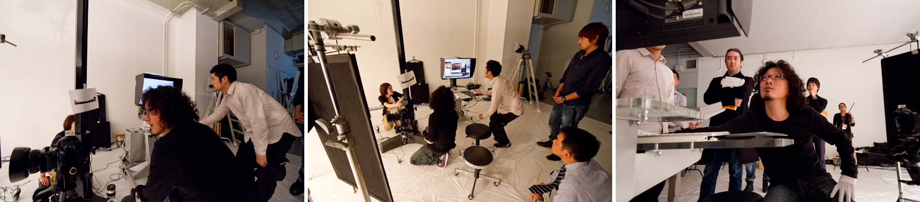 <b>画像チェック&amp;撮影用のデジタルシステムはMac Proのユニット。EIZOのモニターに繋がれている。カメラは三脚ではなく、スタジオ専用の大型FOBAに取り付けられていた。商品がカメラボディとレンズで何十という数の塊なので、商品同士の間隔も含めて、わずか1mmでも動いたら全部がやり直しになってしまうくらいシビアだ。</b>