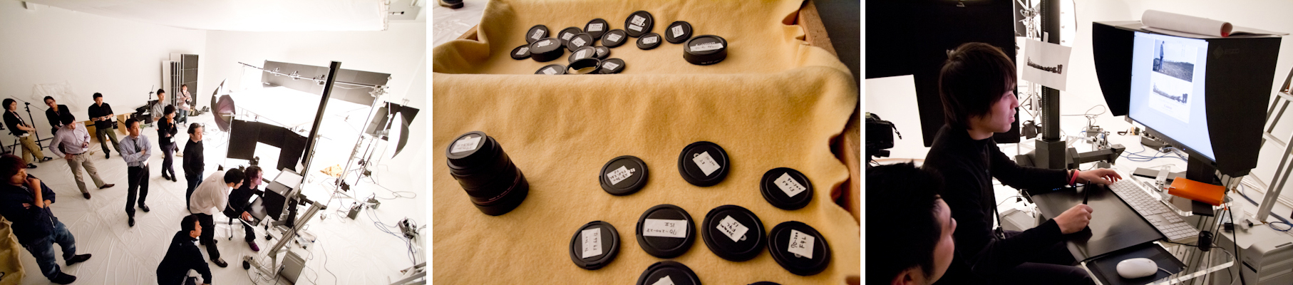 <b>画像チェック&amp;撮影用のデジタルシステムはMac Proのユニット。EIZOのモニターに繋がれている。カメラは三脚ではなく、スタジオ専用の大型FOBAに取り付けられていた。商品がカメラボディとレンズで何十という数の塊なので、商品同士の間隔も含めて、わずか1mmでも動いたら全部がやり直しになってしまうくらいシビアだ。</b>