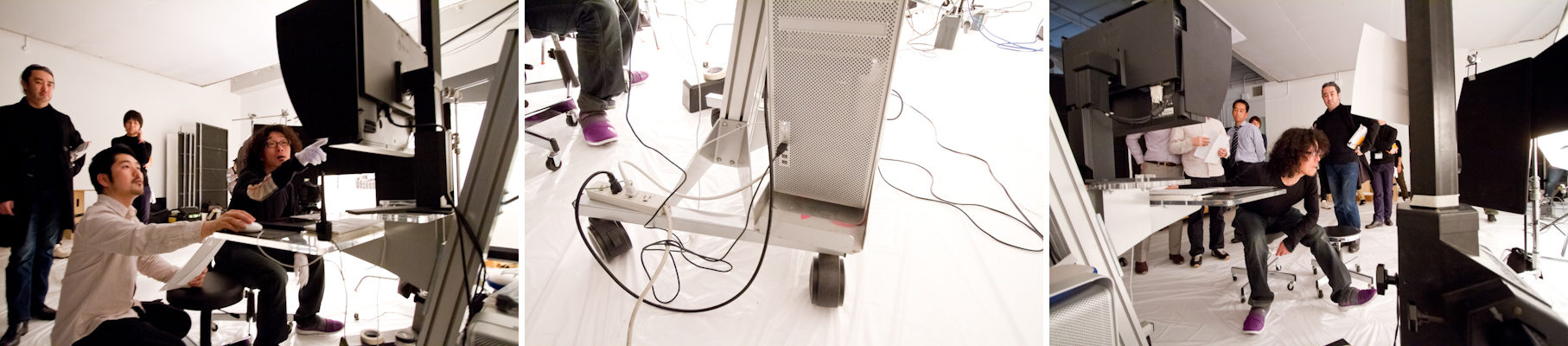 <b>画像チェック&amp;撮影用のデジタルシステムはMac Proのユニット。EIZOのモニターに繋がれている。カメラは三脚ではなく、スタジオ専用の大型FOBAに取り付けられていた。商品がカメラボディとレンズで何十という数の塊なので、商品同士の間隔も含めて、わずか1mmでも動いたら全部がやり直しになってしまうくらいシビアだ。</b>