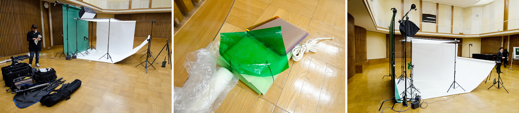 <b>この日の撮影はこれまで某大学で音楽を教えていた杉木峯夫先生のトランペットコンサートのポスター撮影に同行させてもらった。同じくこの大学出身である松下計さんがアートディレクター。何も無い広い空間に運び込まれた撮影機材が着々と組み立てられていき、30分ほどでだいたいのスタジオセットになった。</b>