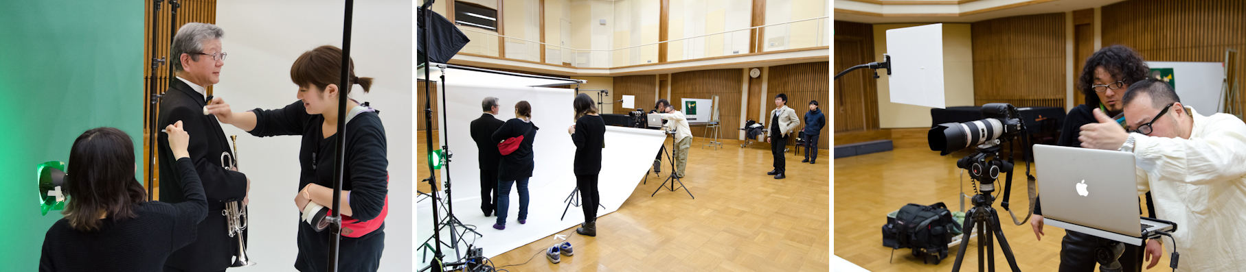 <b>通りの説明と準備が終わったら、早速スタジオセットのペーパーホリゾントに立ってもらい、テスト撮影からスタート。カンプに忠実なカットから撮影していき、少しづつ変化を付けていく。背景のグリーンの色味を調整するのには、ストロボヘッドへグリーンフィルターを掛けてPCで確認していく。</b>
