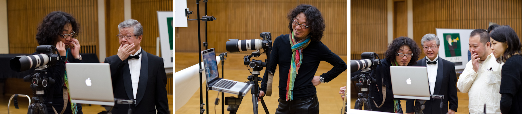 <b>撮影の合間に、トランペットの基礎講座。なんだかマウスピースの話しで盛り上がってるようです（笑）</b>