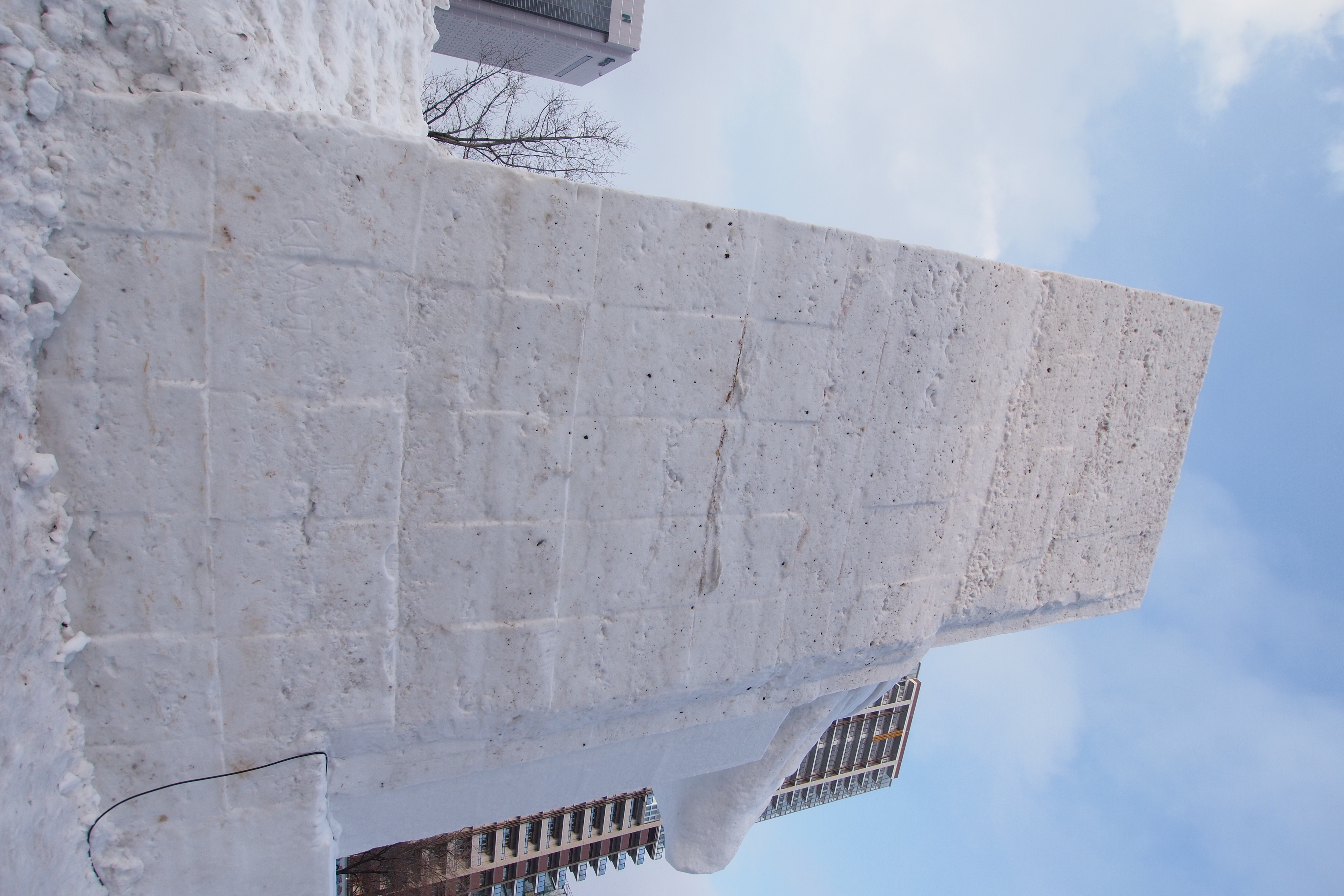 <b>これでだいたい高さ15mぐらい。大きい雪像は、クレーンやらパワーショベルやらを使ってほぼ1か月がかりで作るらしい。E-P3 / M. ZUIKO DIGITAL ED 9-18mm F4-5.6 / 4,032×2,688 / F4 / 1/800秒 / 1.0EV / WB:晴天 / 9mm</b>