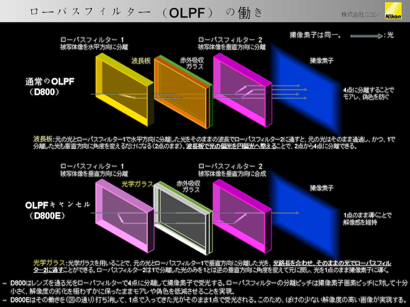 <b>D800とD800Eのローパスフィルターの働きの違い</b>