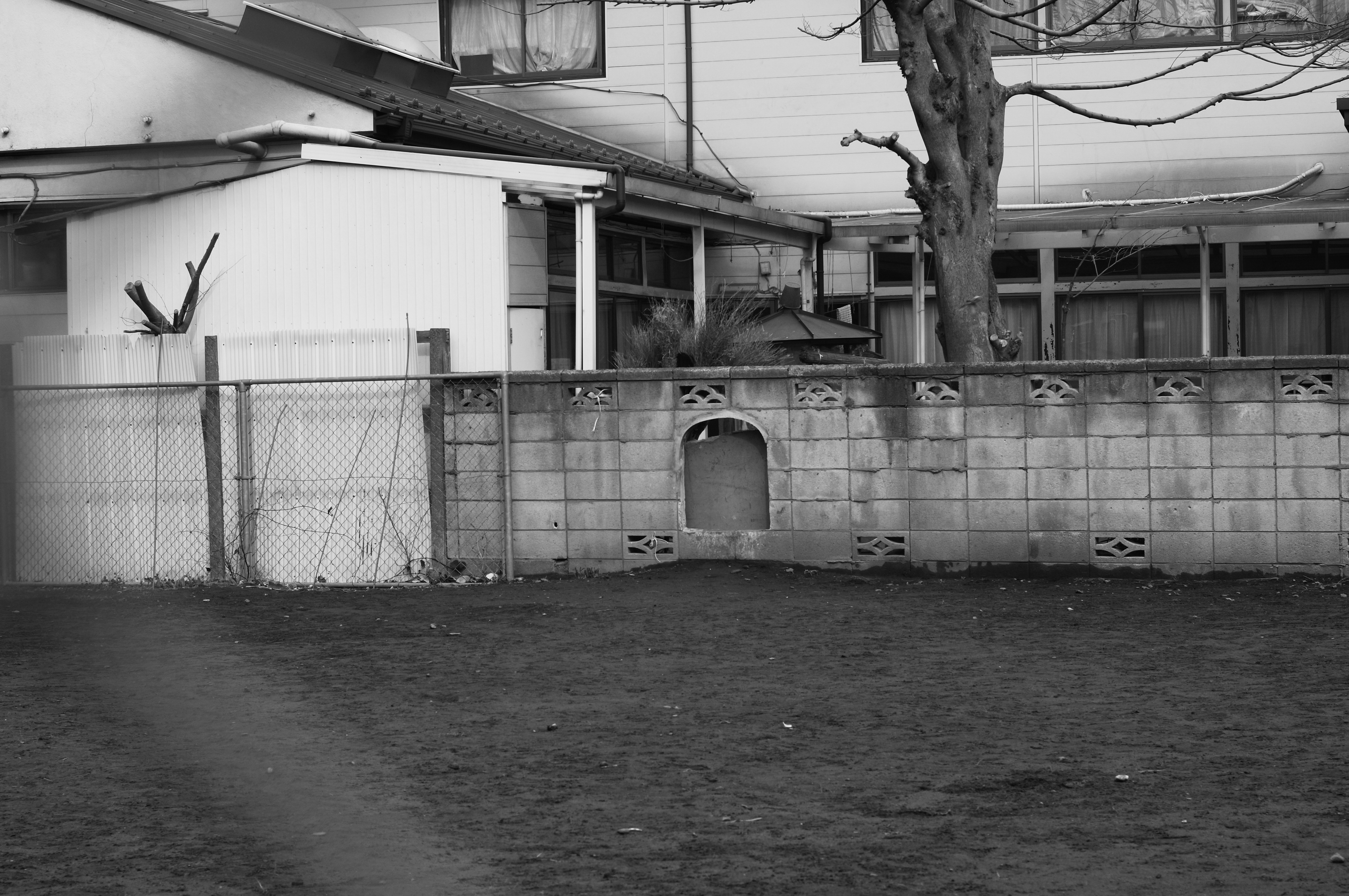 <b>塀の抜け穴? が面白いと思ったのだが、残念ながらちょっとピンボケ。このくらいの距離だと赤外線による三角測量の精度が落ちるのかも知れない。ちなみに金網越しの撮影なので、前ボケが写っている。GXR MOUNT A12 / CHINON AUTO FOCUS LENS 50mm F1.7 / 4,288×2,848 / 1/217秒 / F8 / 0EV / ISO200 / WB:オート / 50mm</b>