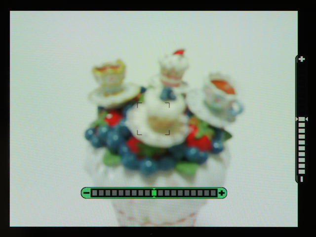 <b>背面モニターでの水準器表示。左右のカメラの上下の向きにも対応する。水平になると、バーニアが緑色になる。</b>