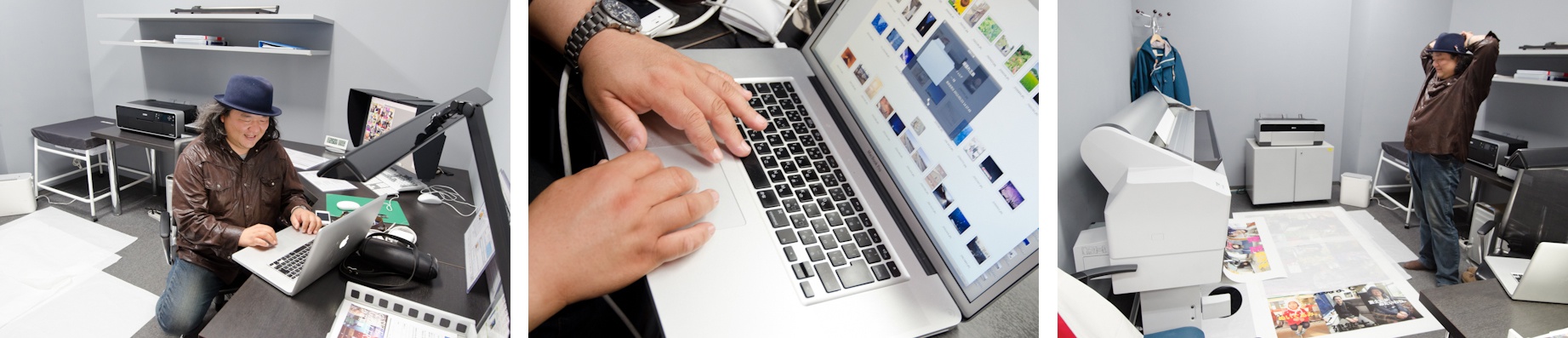 <b>「DREAM TRAIN」の展覧会用に大型インクジェットプリント作品を西新宿にあるエプソンEPSITEのプライベートラボにて制作中の中井氏。制作途中でフレームマンの方も見えて展示の打合せも。出力はほぼ思った感じに仕上がったようで満足そうだ。</b>