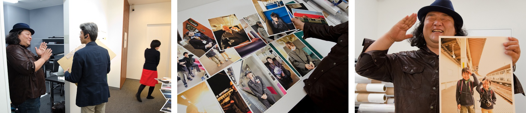 <b>「DREAM TRAIN」の展覧会用に大型インクジェットプリント作品を西新宿にあるエプソンEPSITEのプライベートラボにて制作中の中井氏。制作途中でフレームマンの方も見えて展示の打合せも。出力はほぼ思った感じに仕上がったようで満足そうだ。</b>