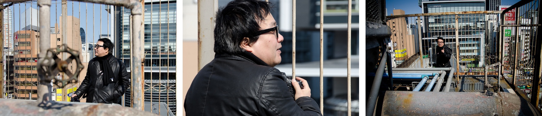 <b>所幸則は今も変わりゆく渋谷の街を撮っている。この日は渋谷東急百貨店の御厚意で、デパートの屋上から渋谷の街並みを撮るという珍しい機会だったので、現場同行でお邪魔させてもらった。近所に住んでいるのでウチの近くの大きな建物までクッキリと見える。この日の所氏のカメラ機材はシグマDP1とソニーα900。どちらもNDフィルターをレンズに装着。</b>