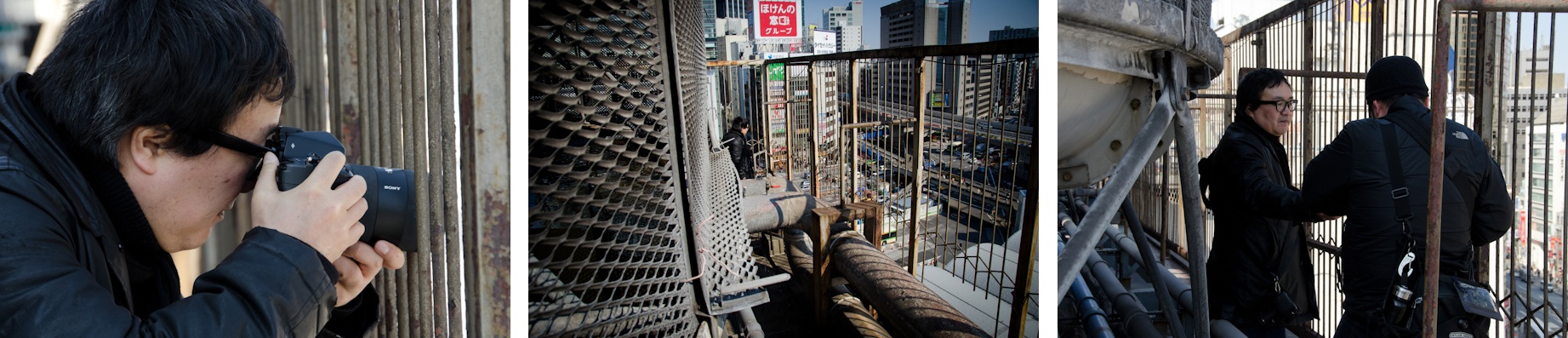 <b>所幸則は今も変わりゆく渋谷の街を撮っている。この日は渋谷東急百貨店の御厚意で、デパートの屋上から渋谷の街並みを撮るという珍しい機会だったので、現場同行でお邪魔させてもらった。近所に住んでいるのでウチの近くの大きな建物までクッキリと見える。この日の所氏のカメラ機材はシグマDP1とソニーα900。どちらもNDフィルターをレンズに装着。</b>
