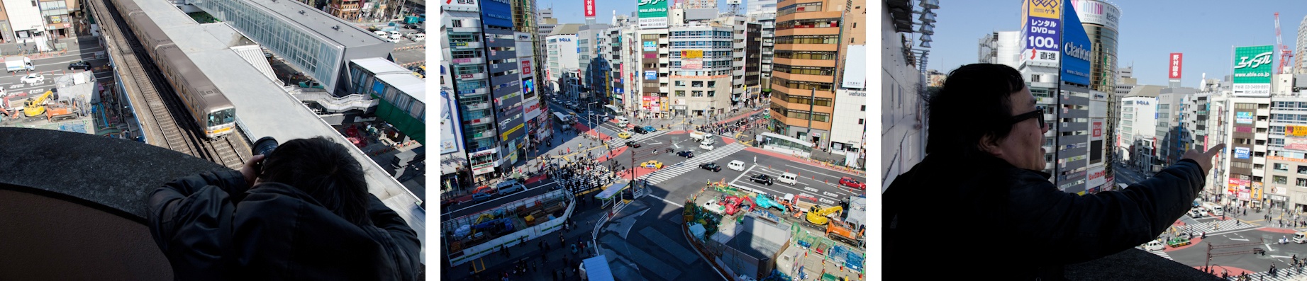 <b>スクランブル交差点も宮増坂交差点もバスロータリーも上から見ると、人や車がおもちゃのように蠢いているのが不思議だった。最後は東急百貨店の屋上遊園地でお約束の記念写真（笑）</b>
