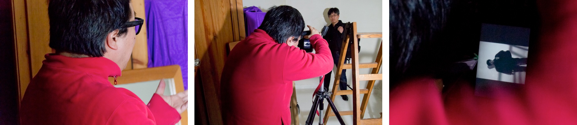 <b>渋谷にある所氏の自宅兼事務所スタジオにて。アドビ システムズの近藤祐爾さんが今日のモデル。近藤さんは「1second」のパソコン上での表現手法を所氏にアドバイスをしながら一緒に探り出した人だ。新しくスタートさせたポートレートシリーズで、第二期の1secondシリーズで所氏がお世話になった人、関係者の人たちのポートレートをその手法で撮っていくというもの。</b>