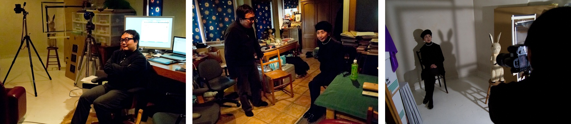 <b>この日のモデルは太田菜穂子さん。ウサギのぬいぐるみの影を組み合わせているのは、太田さんのイメージだと所氏はいう。太田さんはクレー・インクという会社の代表で、ギャラリー21の運営や「東京画」など写真表現プロジェクトの企画やディレクション、コーディネートなどをなさっている。いつ会っても隙のない着こなしでオシャレな方だ。そしてこの日も所くんの悩みに向けての適切なアドバイスが飛び交っていた。彼にとって大事な良き理解者のひとりだ。</b>