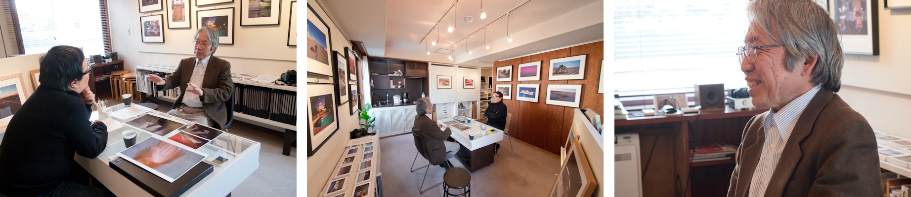 <b>Niiyama's Galleryにて。オーナー新山洋一さんとスタッフの相川淳子さんも加わって、意見交換しながら展示作品が絞られていく。最終的にどの作品が展示されたのかは、会場へ行ってみてのお楽しみだが10数点らしい。赤坂のビルの一室でこじんまりとしているので、目黒にあるコスモスギャラリーとはまた雰囲気が違って、ここもゆっくり話しながら作品を鑑賞出来るスペースだ。</b>