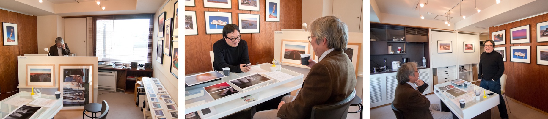 <b>Niiyama's Galleryにて。オーナー新山洋一さんとスタッフの相川淳子さんも加わって、意見交換しながら展示作品が絞られていく。最終的にどの作品が展示されたのかは、会場へ行ってみてのお楽しみだが10数点らしい。赤坂のビルの一室でこじんまりとしているので、目黒にあるコスモスギャラリーとはまた雰囲気が違って、ここもゆっくり話しながら作品を鑑賞出来るスペースだ。</b>