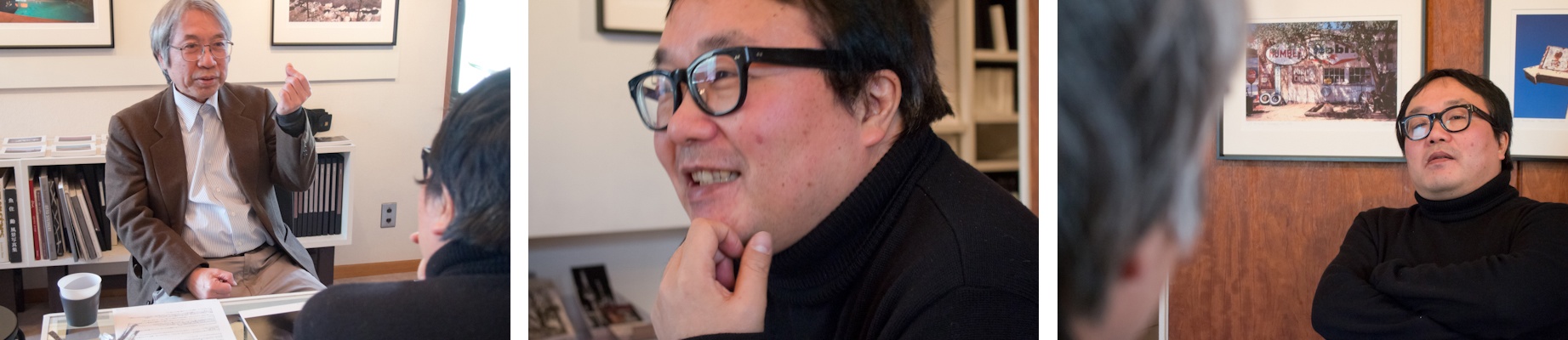 <b>Niiyama's Galleryにて。オーナー新山洋一さんとスタッフの相川淳子さんも加わって、意見交換しながら展示作品が絞られていく。最終的にどの作品が展示されたのかは、会場へ行ってみてのお楽しみだが10数点らしい。赤坂のビルの一室でこじんまりとしているので、目黒にあるコスモスギャラリーとはまた雰囲気が違って、ここもゆっくり話しながら作品を鑑賞出来るスペースだ。</b>