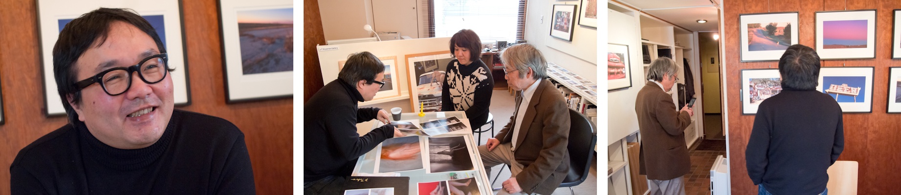 <b>Niiyama's Galleryにて。オーナー新山洋一さんとスタッフの相川淳子さんも加わって、意見交換しながら展示作品が絞られていく。最終的にどの作品が展示されたのかは、会場へ行ってみてのお楽しみだが10数点らしい。赤坂のビルの一室でこじんまりとしているので、目黒にあるコスモスギャラリーとはまた雰囲気が違って、ここもゆっくり話しながら作品を鑑賞出来るスペースだ。</b>