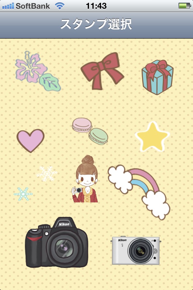 <b>撮影した写真に押せるスタンプ。カメラの形をしたスタンプも選べる</b>