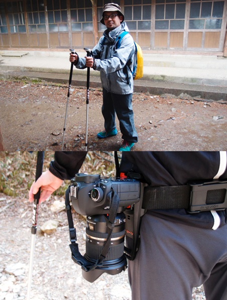 <b>身延山や七面山でのグッズたち。上はトレッキングポール（ストック）。あると無いとじゃ登山道の上り下りの体力疲労や所要時間も大幅に違うらしい。カーボン製は軽いけど折れてしまうのでアルミ製とのこと。下は、腰のベルト位置にクイックセットして、ワンタッチで着脱可能なガンベルトタイプのイタリア製のスグレモノb-grip EVO。ボクもロケの時に使ってるけど便利です。カメラストラップはボクと同じくOP/TECH製。</b>