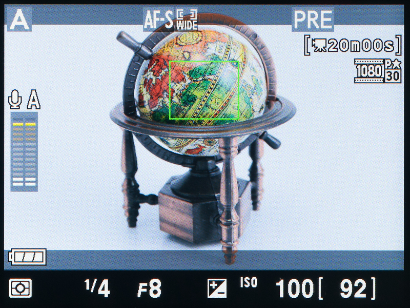 <b>「動画情報」表示の画面。上下にグレーのマスクが付いて、動画の撮影範囲がつかめる。また、音量レベルもチェックできる。</b>