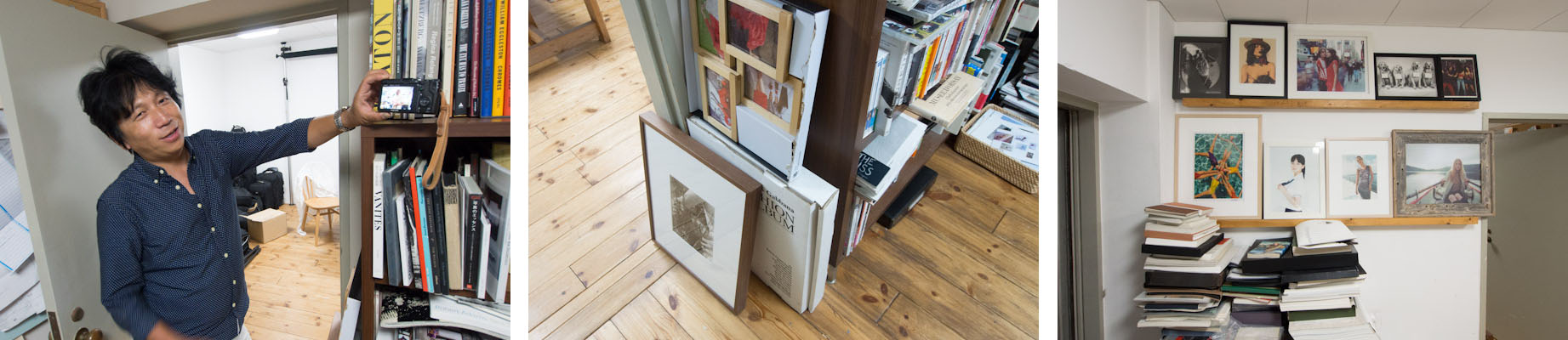 <b>原宿にある彼の事務所は有名な老舗マンションの一室。かなり広いスペースを撮影&amp;打合せ、PCデータやプリント作業、写真集や過去のネガやプリントなどの書庫、機材室といった感じで区切られている。うらやましいくらいの素敵な空間だ。</b>