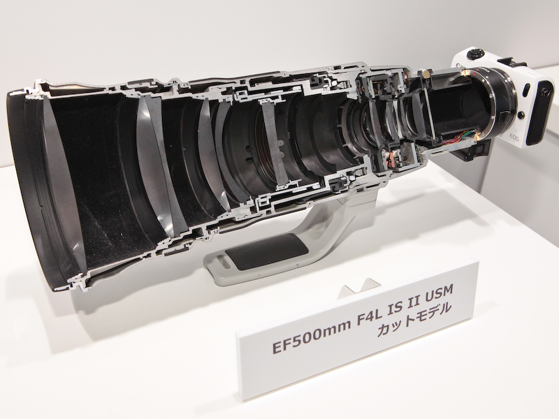 <b>EF 500mm F4 L IS II USMのカットモデルに装着したところ</b>