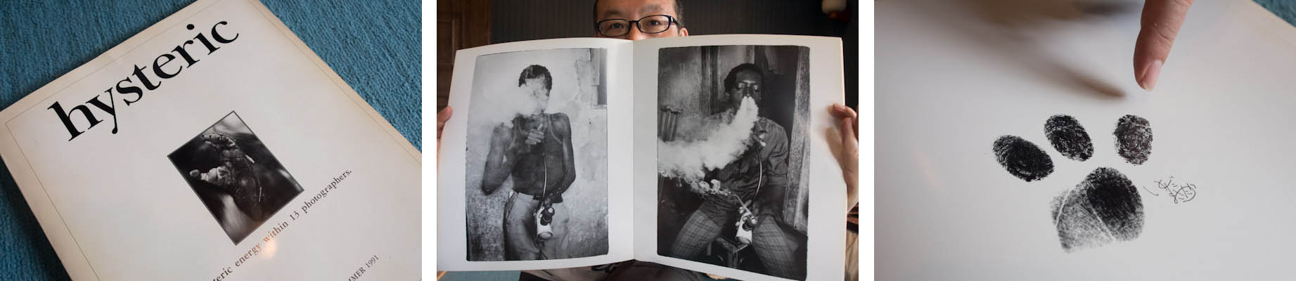 <b>初期の石田さんの代表作ともいえるジャマイカのモクモク写真がヒステリック・グラマーの写真集に収められている。右は石田さんのサイン（笑）</b>