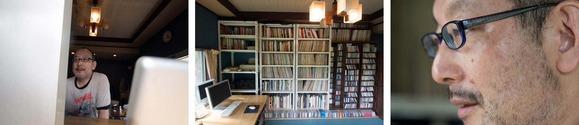 <b>仕事場にはCDやレコード、書籍などとともに、アップルコンピュータの様々な時代のモノが同時に動いている大きな作業テーブルがある。フィルムのスキャンにはかつての名機、ニコンSUPER COOLSCAN 8000 EDを使用</b>