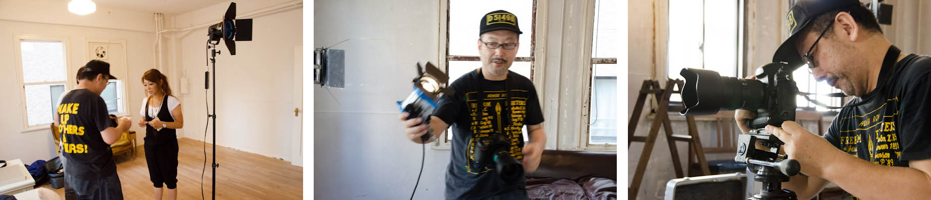 <b>昨年の夏、浅草の古いビルで行われた撮影現場へお邪魔した時の様子。クラウドナンバーナインという若手バンドの、いわゆる“アー写”（宣伝用のアーティスト写真）の撮影だった。その後、CDジャケットも撮影して発売される。詳細は記事末にて。ライティング機材はストロボの他にもタングステン光源も使用。この日の撮影機材はニコンD3S、レンズは24-70mm F2.8、70-200mm F2.8、50mm F1.4など。現在の石田さんのデジタルカメラ機材は、これらの他に最近では28mm F1.8やD800などがメインとのこと。普段はリコーGXRに、28mm F2.5、50mm F2.5が多い。</b>