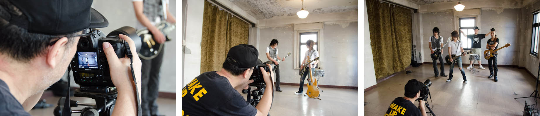 <b>昨年の夏、浅草の古いビルで行われた撮影現場へお邪魔した時の様子。クラウドナンバーナインという若手バンドの、いわゆる“アー写”（宣伝用のアーティスト写真）の撮影だった。その後、CDジャケットも撮影して発売される。詳細は記事末にて。ライティング機材はストロボの他にもタングステン光源も使用。この日の撮影機材はニコンD3S、レンズは24-70mm F2.8、70-200mm F2.8、50mm F1.4など。現在の石田さんのデジタルカメラ機材は、これらの他に最近では28mm F1.8やD800などがメインとのこと。普段はリコーGXRに、28mm F2.5、50mm F2.5が多い。</b>