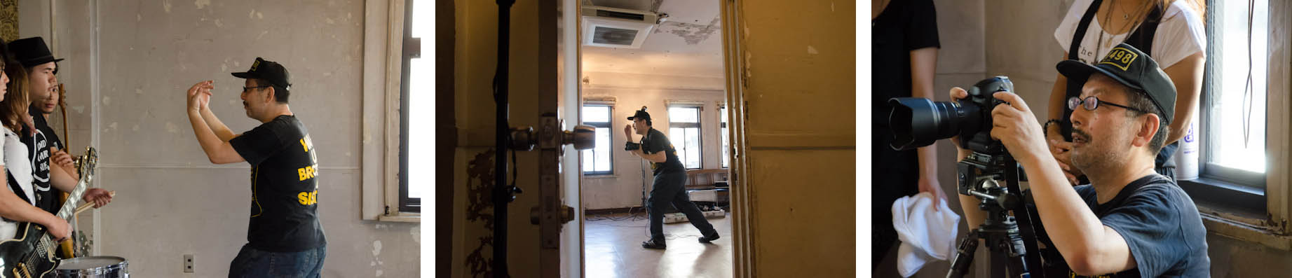 <b>昨年の夏、浅草の古いビルで行われた撮影現場へお邪魔した時の様子。クラウドナンバーナインという若手バンドの、いわゆる“アー写”（宣伝用のアーティスト写真）の撮影だった。その後、CDジャケットも撮影して発売される。詳細は記事末にて。ライティング機材はストロボの他にもタングステン光源も使用。この日の撮影機材はニコンD3S、レンズは24-70mm F2.8、70-200mm F2.8、50mm F1.4など。現在の石田さんのデジタルカメラ機材は、これらの他に最近では28mm F1.8やD800などがメインとのこと。普段はリコーGXRに、28mm F2.5、50mm F2.5が多い。</b>