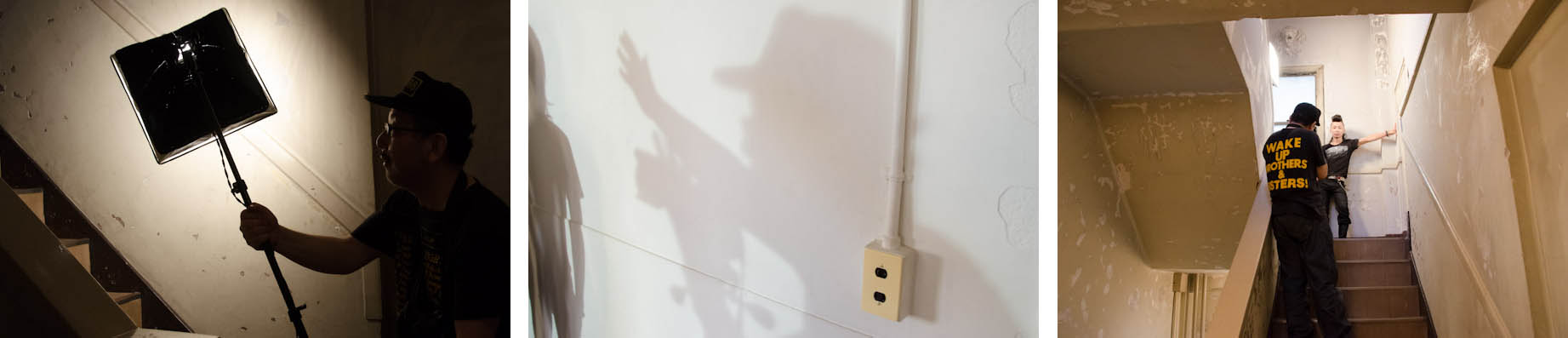 <b>昨年の夏、浅草の古いビルで行われた撮影現場へお邪魔した時の様子。クラウドナンバーナインという若手バンドの、いわゆる“アー写”（宣伝用のアーティスト写真）の撮影だった。その後、CDジャケットも撮影して発売される。詳細は記事末にて。ライティング機材はストロボの他にもタングステン光源も使用。この日の撮影機材はニコンD3S、レンズは24-70mm F2.8、70-200mm F2.8、50mm F1.4など。現在の石田さんのデジタルカメラ機材は、これらの他に最近では28mm F1.8やD800などがメインとのこと。普段はリコーGXRに、28mm F2.5、50mm F2.5が多い。</b>