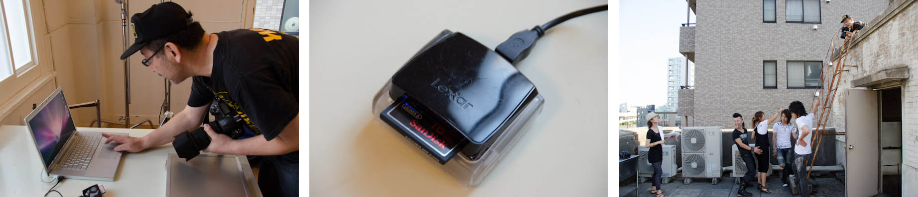 <b>昨年の夏、浅草の古いビルで行われた撮影現場へお邪魔した時の様子。クラウドナンバーナインという若手バンドの、いわゆる“アー写”（宣伝用のアーティスト写真）の撮影だった。その後、CDジャケットも撮影して発売される。詳細は記事末にて。ライティング機材はストロボの他にもタングステン光源も使用。この日の撮影機材はニコンD3S、レンズは24-70mm F2.8、70-200mm F2.8、50mm F1.4など。現在の石田さんのデジタルカメラ機材は、これらの他に最近では28mm F1.8やD800などがメインとのこと。普段はリコーGXRに、28mm F2.5、50mm F2.5が多い。</b>