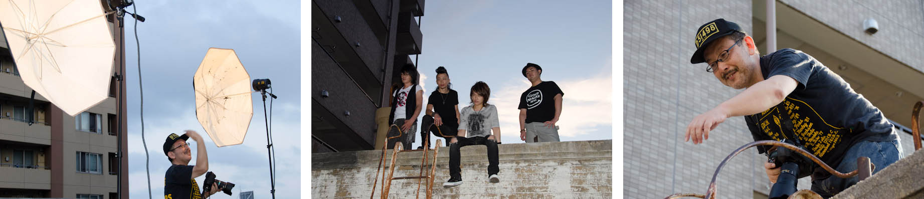 <b>昨年の夏、浅草の古いビルで行われた撮影現場へお邪魔した時の様子。クラウドナンバーナインという若手バンドの、いわゆる“アー写”（宣伝用のアーティスト写真）の撮影だった。その後、CDジャケットも撮影して発売される。詳細は記事末にて。ライティング機材はストロボの他にもタングステン光源も使用。この日の撮影機材はニコンD3S、レンズは24-70mm F2.8、70-200mm F2.8、50mm F1.4など。現在の石田さんのデジタルカメラ機材は、これらの他に最近では28mm F1.8やD800などがメインとのこと。普段はリコーGXRに、28mm F2.5、50mm F2.5が多い。</b>