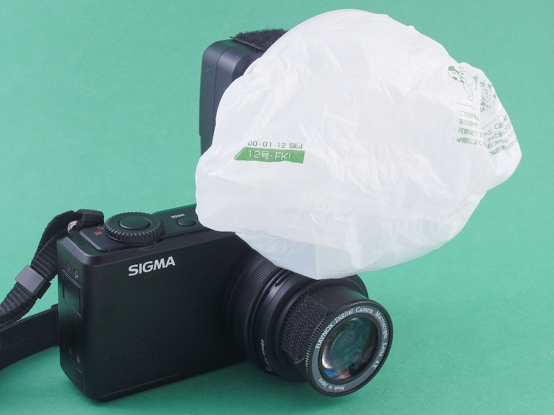 <b>DP2 MerrillにMSN-202スーパーマクロレンズを装着したところ。外付けストロボにはタッパーとコンビニ袋を素材とした自作ディフューザーを装着している。</b>
