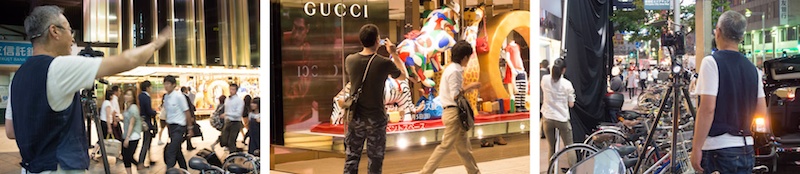 <b>7月半ばの夜、新宿駅東口のGUCCIのショーウィンドウに現れた、ジミー大西画伯の手になるポップな不思議オブジェの展示撮影シーン。家路に向かう人びともオブジェの前で記念写真を撮ったり、皆さん足を停めていくのが見ていて面白い。※現在は終了しています</b>