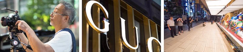<b>7月半ばの夜、新宿駅東口のGUCCIのショーウィンドウに現れた、ジミー大西画伯の手になるポップな不思議オブジェの展示撮影シーン。家路に向かう人びともオブジェの前で記念写真を撮ったり、皆さん足を停めていくのが見ていて面白い。※現在は終了しています</b>