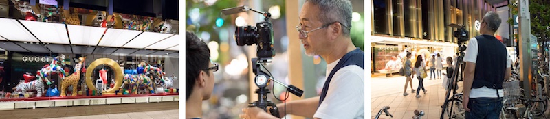 <b>7月半ばの夜、新宿駅東口のGUCCIのショーウィンドウに現れた、ジミー大西画伯の手になるポップな不思議オブジェの展示撮影シーン。家路に向かう人びともオブジェの前で記念写真を撮ったり、皆さん足を停めていくのが見ていて面白い。※現在は終了しています</b>