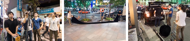 <b>7月半ばの夜、新宿駅東口のGUCCIのショーウィンドウに現れた、ジミー大西画伯の手になるポップな不思議オブジェの展示撮影シーン。家路に向かう人びともオブジェの前で記念写真を撮ったり、皆さん足を停めていくのが見ていて面白い。※現在は終了しています</b>