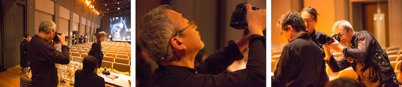 <b>雑誌「遊」の工作舎や編集工学研究所で知られる、編集者で作家の松岡正剛さん主宰の「連塾」という10年間続いてきた大きなトーク・ライブ・イベントの最終回のリハーサル。青山スパイラルホールにて。毎回、各界のさまざまなゲストを迎えて松岡さんと語るというイベントで、今回はYohji YamamotoやY'sのブランドで世界的に知られるファッション・デザイナーの山本耀司さんと、いろんな歴史上の人物になるセルフ・ポートレートのシリーズ等で有名な現代美術アーティストの森村泰昌さんを迎えてのコーナーライブもありで、トータルは数時間におよぶ長いステージだった。初回から今回まで、ずっと中道さんたちナカサ＆パートナーズで撮影を担当してきているものだ。遠くから600mmの超望遠レンズやステージ近くからワイドなど数名のスタッフとともに、中道さんが中心になって撮影がされていた。松岡正剛さんの本は高校生の頃から読ませてもらっていたし、山本耀司さんの洋服は無理して購入して昔から何着も持っているし、森村さん作品は本当にスゴイと思っているし、とにかく大ファンなので中道さんの取材で行っているのにすごく緊張してしまった（笑）</b>