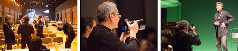 <b>雑誌「遊」の工作舎や編集工学研究所で知られる、編集者で作家の松岡正剛さん主宰の「連塾」という10年間続いてきた大きなトーク・ライブ・イベントの最終回のリハーサル。青山スパイラルホールにて。毎回、各界のさまざまなゲストを迎えて松岡さんと語るというイベントで、今回はYohji YamamotoやY'sのブランドで世界的に知られるファッション・デザイナーの山本耀司さんと、いろんな歴史上の人物になるセルフ・ポートレートのシリーズ等で有名な現代美術アーティストの森村泰昌さんを迎えてのコーナーライブもありで、トータルは数時間におよぶ長いステージだった。初回から今回まで、ずっと中道さんたちナカサ＆パートナーズで撮影を担当してきているものだ。遠くから600mmの超望遠レンズやステージ近くからワイドなど数名のスタッフとともに、中道さんが中心になって撮影がされていた。松岡正剛さんの本は高校生の頃から読ませてもらっていたし、山本耀司さんの洋服は無理して購入して昔から何着も持っているし、森村さん作品は本当にスゴイと思っているし、とにかく大ファンなので中道さんの取材で行っているのにすごく緊張してしまった（笑）</b>