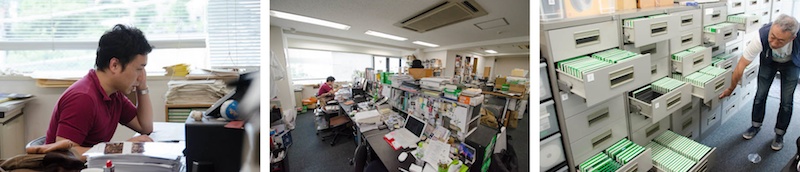 <b>中目黒にある会社には現在約30名のスタッフがいる。経理の方やマネージャーを除くとほとんどがカメラマンと画像処理のスタッフ。機材は4×5など銀塩時代のモノから最新のデジタルカメラまでいろいろ揃っている。今後はデジタルに特化していくそうでキヤノンEOS 5D Mark IIIなどのボディやEFマウントのシフトレンズなどは同じモノが複数揃えられていた</b>