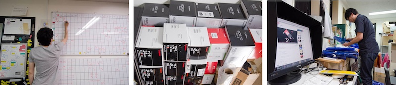 <b>中目黒にある会社には現在約30名のスタッフがいる。経理の方やマネージャーを除くとほとんどがカメラマンと画像処理のスタッフ。機材は4×5など銀塩時代のモノから最新のデジタルカメラまでいろいろ揃っている。今後はデジタルに特化していくそうでキヤノンEOS 5D Mark IIIなどのボディやEFマウントのシフトレンズなどは同じモノが複数揃えられていた</b>